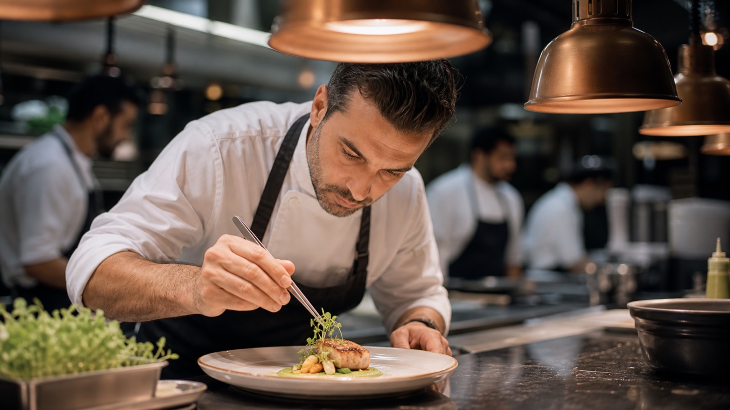 Executive chef plating in the Nocturne open kitchen