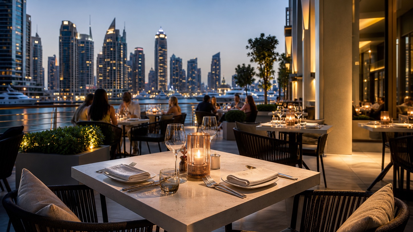 Nocturne outdoor terrace at blue hour